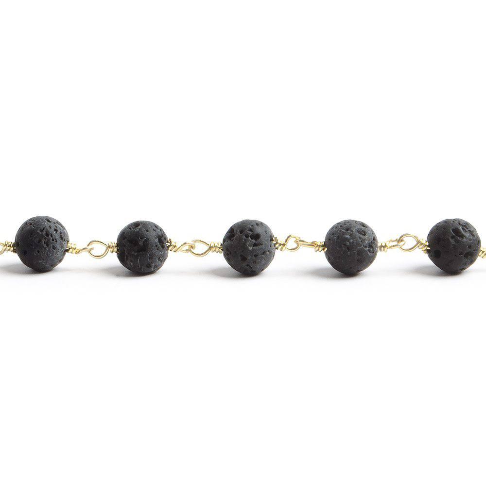 6mm Black Lava Rock unwaxed plain round Gold plated Chain by the foot with 25 pieces - The Bead Traders