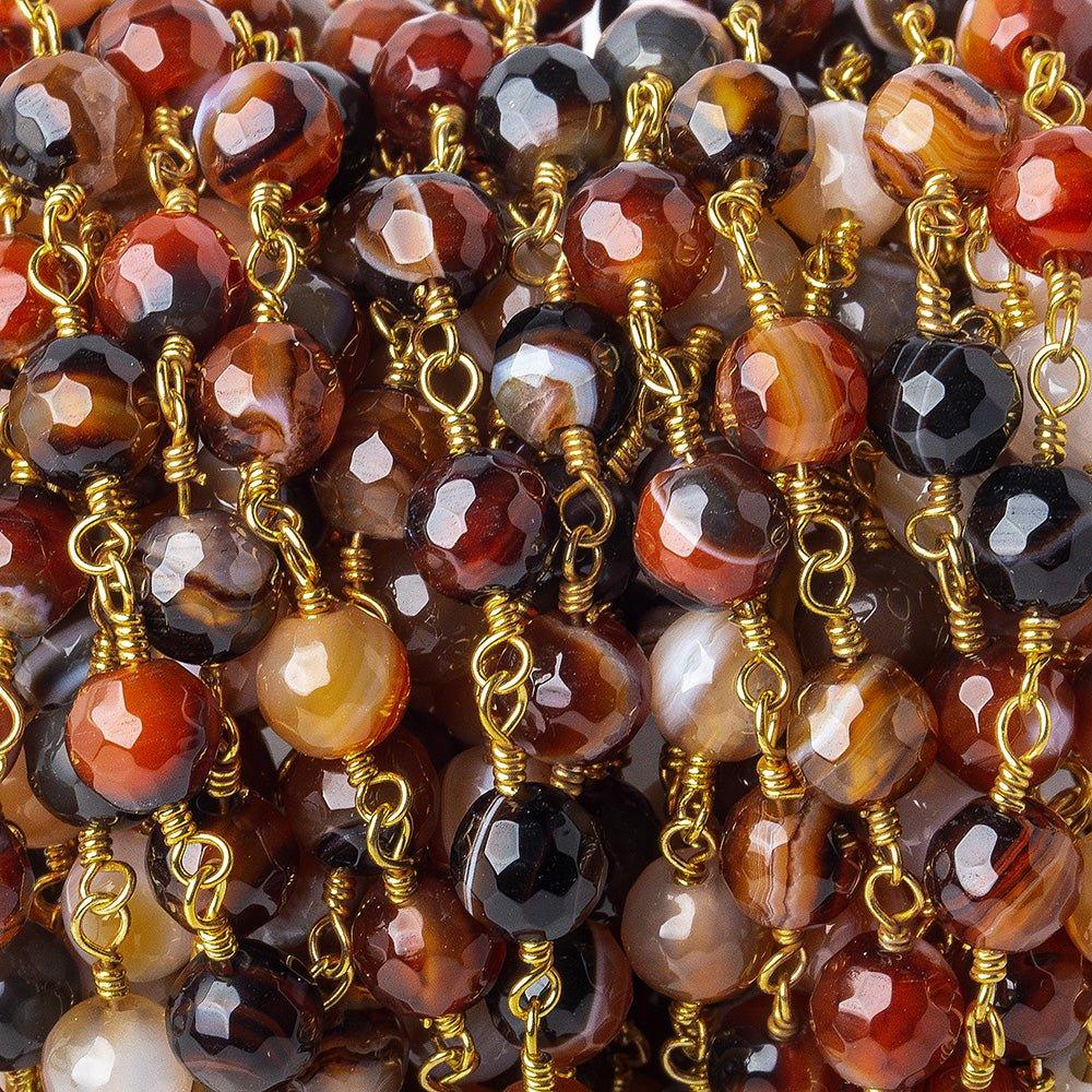 6mm Brown, Black, & Orange banded Agate faceted round Gold Chain by the foot 24 pieces - The Bead Traders