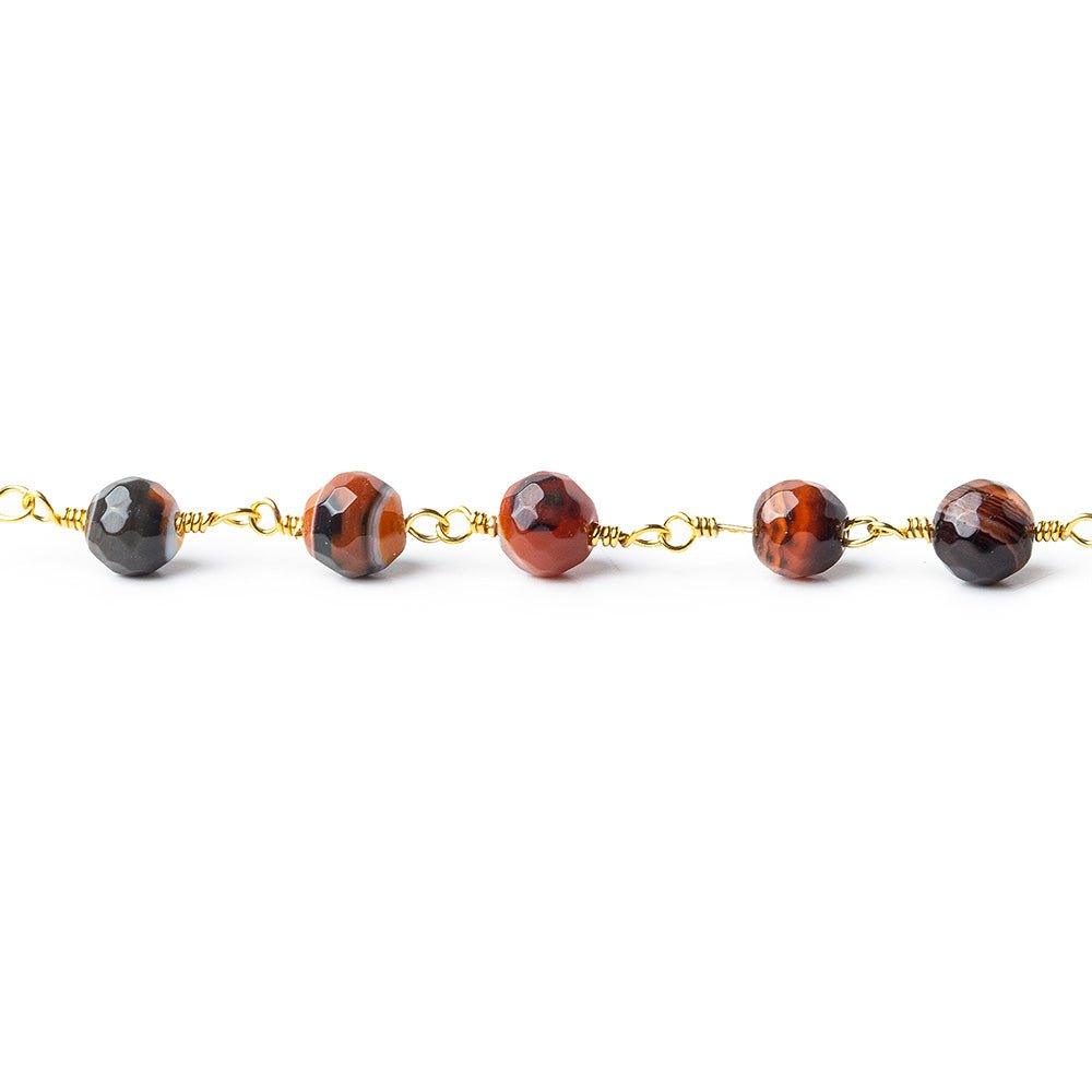 6mm Brown, Black, & Orange banded Agate faceted round Gold Chain by the foot 24 pieces - The Bead Traders
