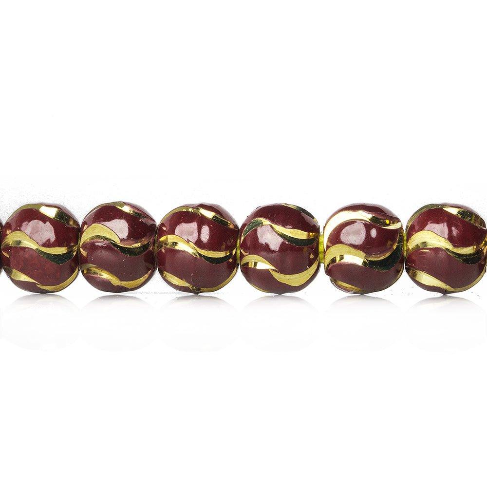 6mm Burgundy Enamel Brass Oval Diamond Cut Swirl Beads, 8 inch - The Bead Traders