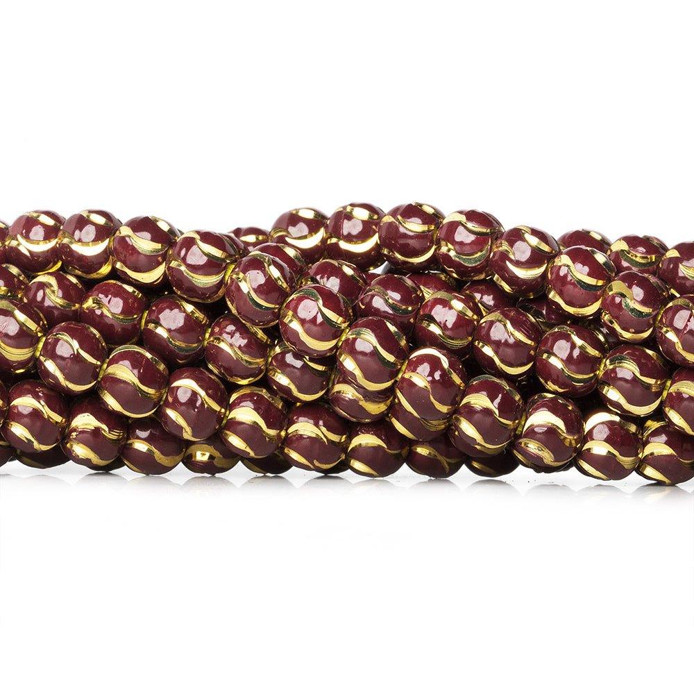 6mm Burgundy Enamel Brass Oval Diamond Cut Swirl Beads, 8 inch - The Bead Traders