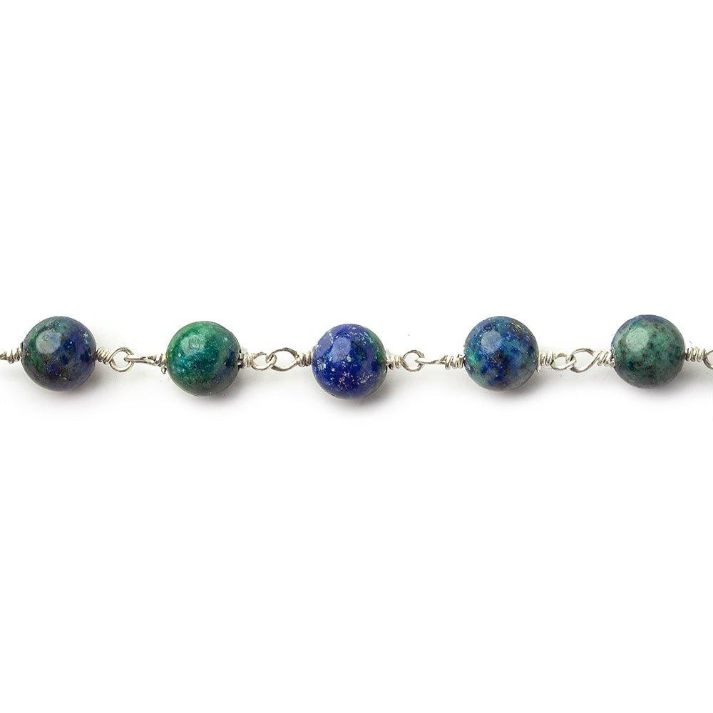 6mm Chrysocolla in Lapis Lazuli Plain Round Silver plated Chain by the foot 26 pieces - The Bead Traders