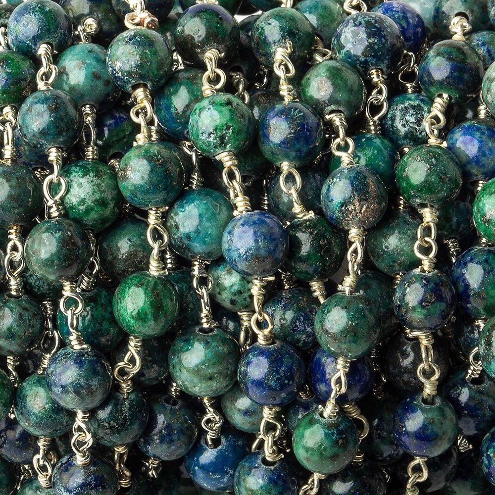 6mm Chrysocolla in Lapis Lazuli Plain Round Silver plated Chain by the foot 26 pieces - The Bead Traders