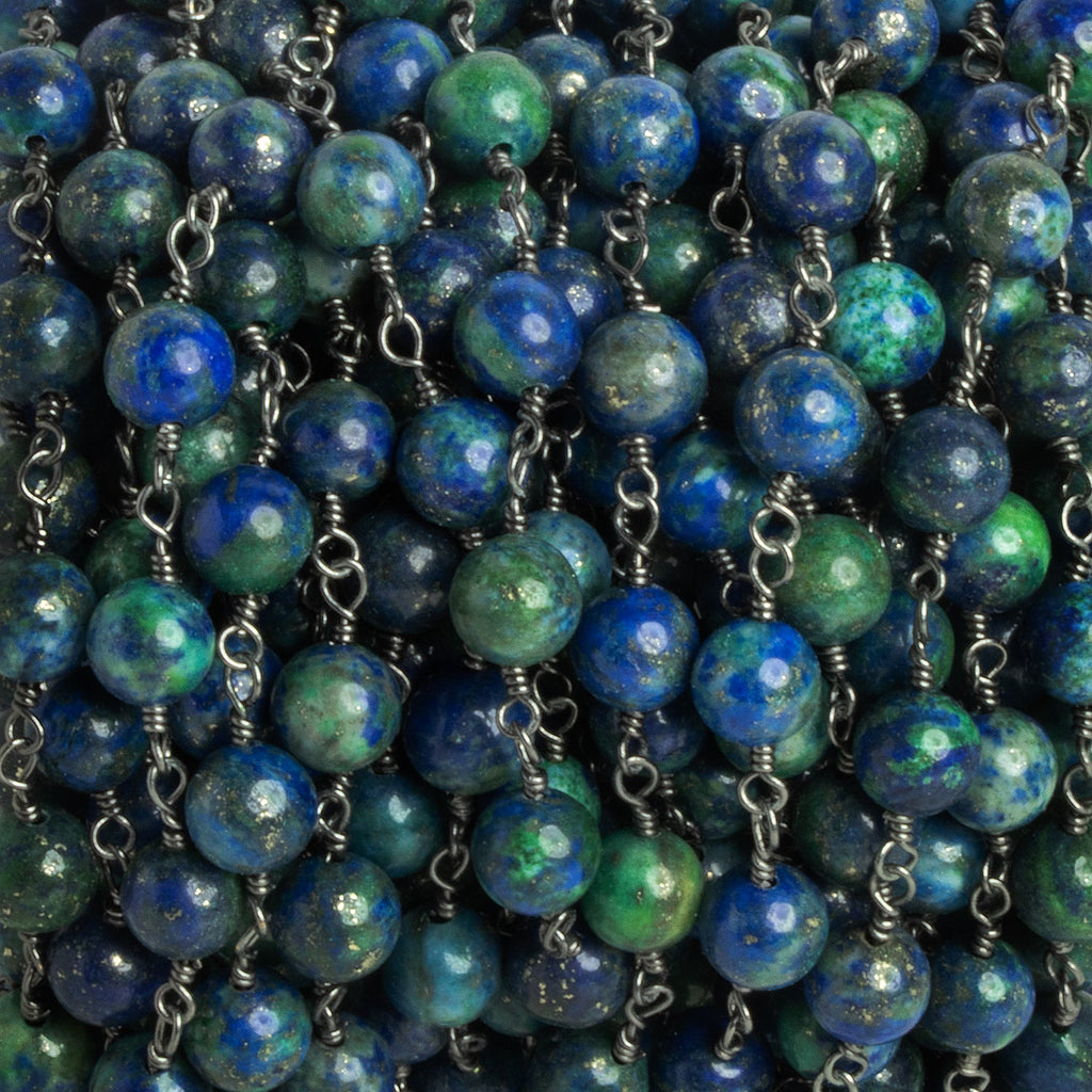 6mm Chrysocolla in Lapis Lazuli Round Black Gold Chain 23 pieces - The Bead Traders