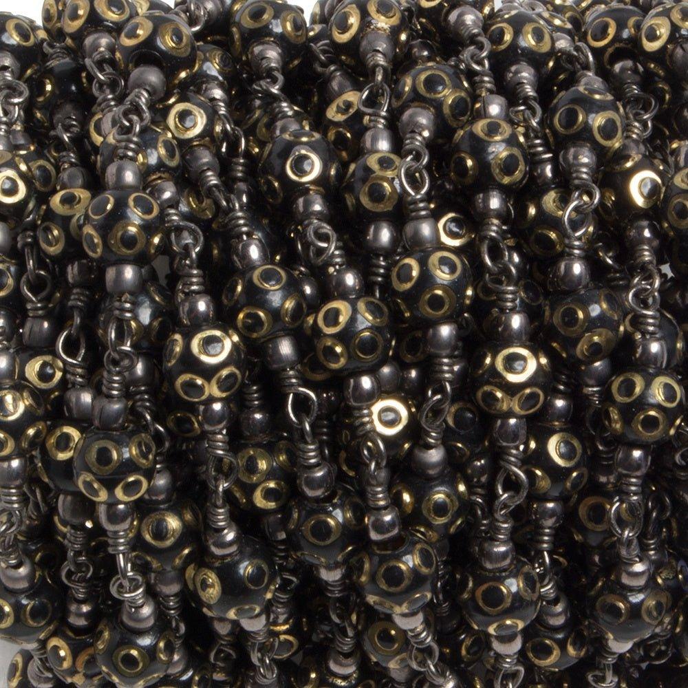 6mm Enameled Black & Brass Carved Round Black Gold Chain by the foot 18 pcs - The Bead Traders