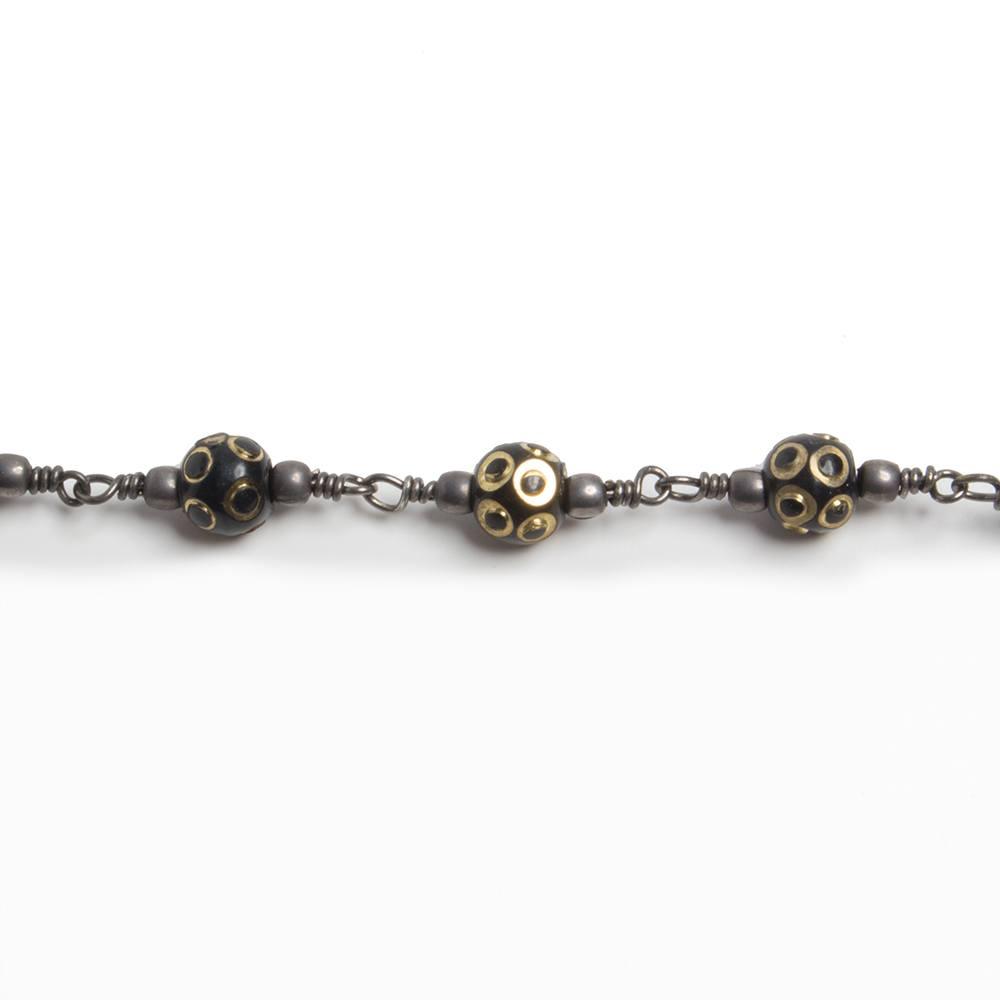 6mm Enameled Black & Brass Carved Round Black Gold Chain by the foot 18 pcs - The Bead Traders