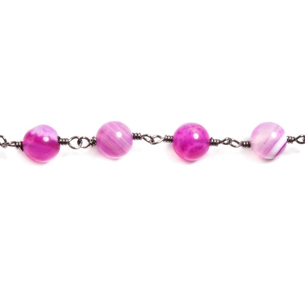 6mm Hot Pink Banded Agate round Black Gold Chain by the foot 25 beads - The Bead Traders