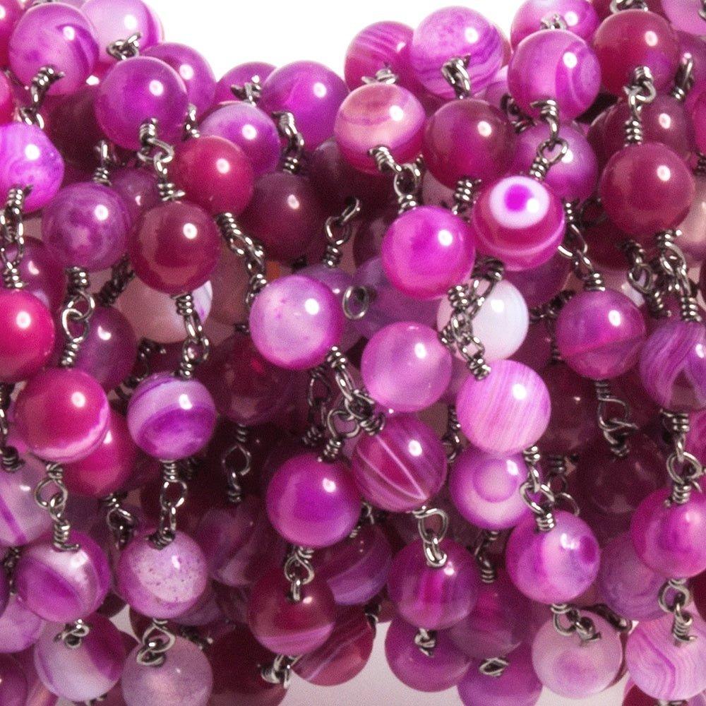 6mm Hot Pink Banded Agate round Black Gold Chain by the foot 25 beads - The Bead Traders