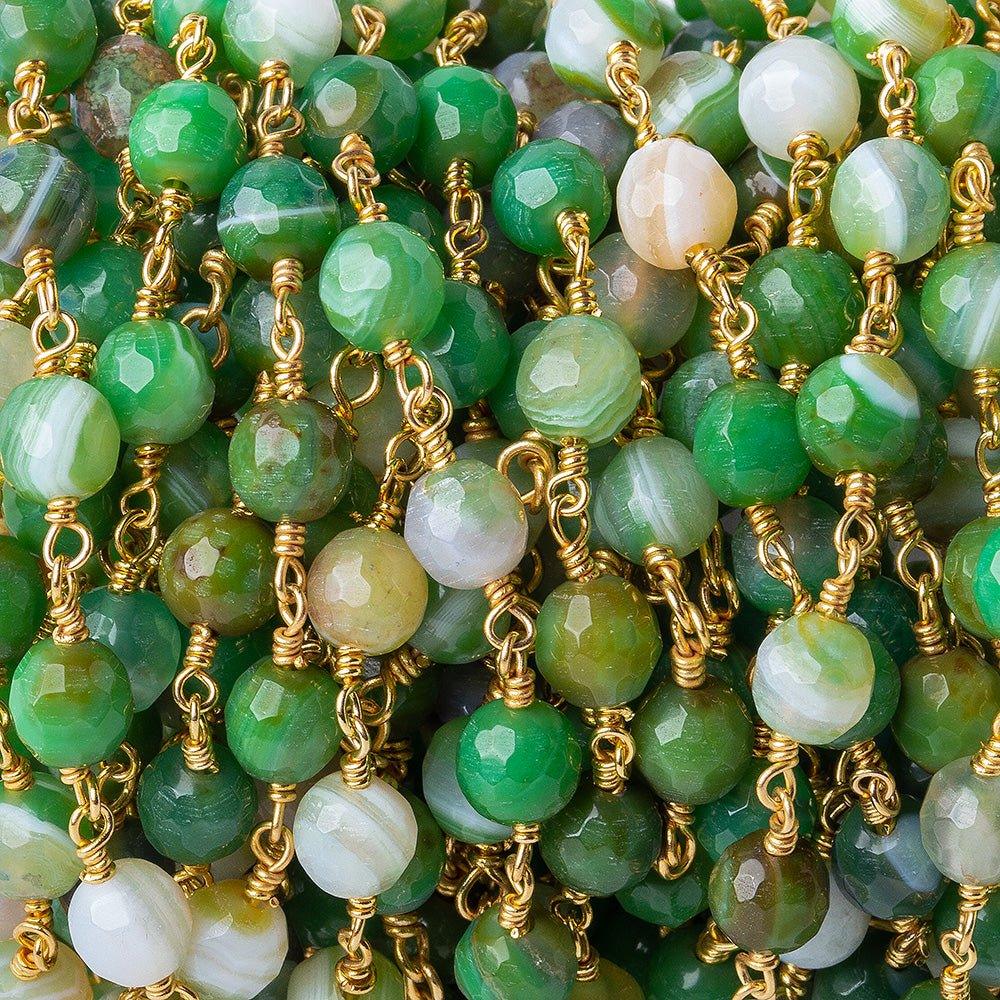 6mm Irish Greens Agate faceted round Gold plated Chain by the foot 26 pieces - The Bead Traders