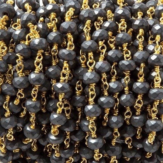6mm Matte Hematite faceted rondelle Gold plated Chain by the foot 28 pcs - The Bead Traders