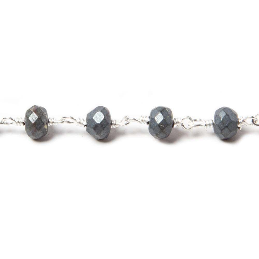 6mm Matte Hematite faceted rondelle Silver plated Chain by the foot 28 pcs - The Bead Traders