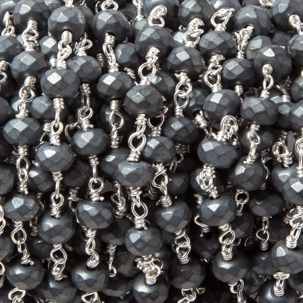6mm Matte Hematite faceted rondelle Silver plated Chain by the foot 28 pcs - The Bead Traders