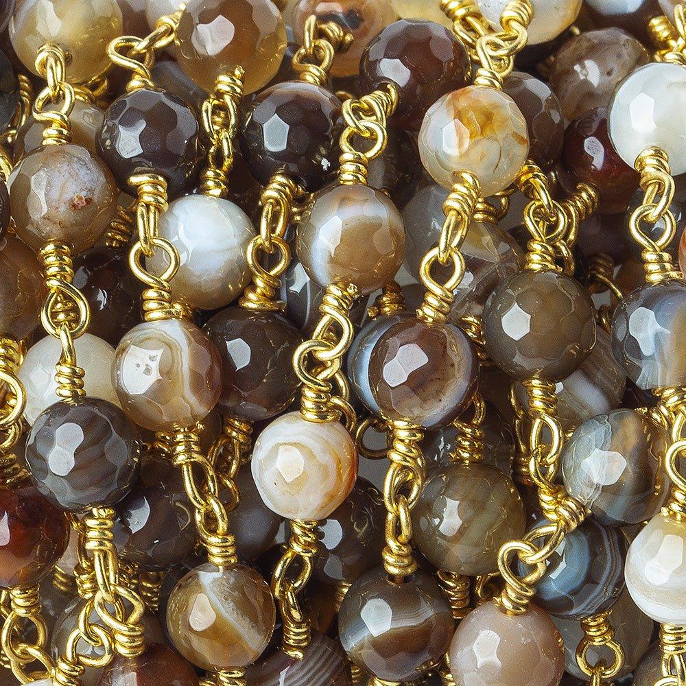 6mm Mocha Brown & Cream banded Agate faceted round Gold Chain by the foot 24 pieces - The Bead Traders
