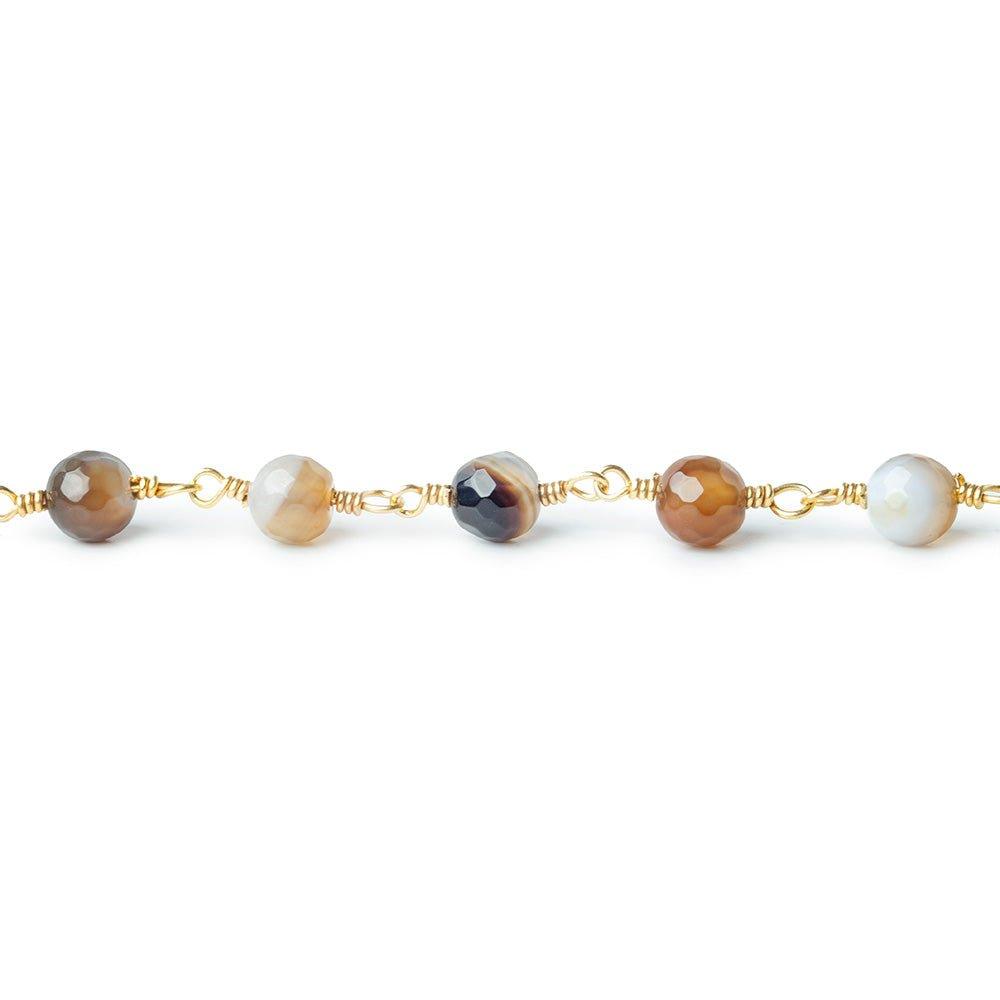 6mm Mocha Brown & Cream banded Agate faceted round Gold Chain by the foot 24 pieces - The Bead Traders