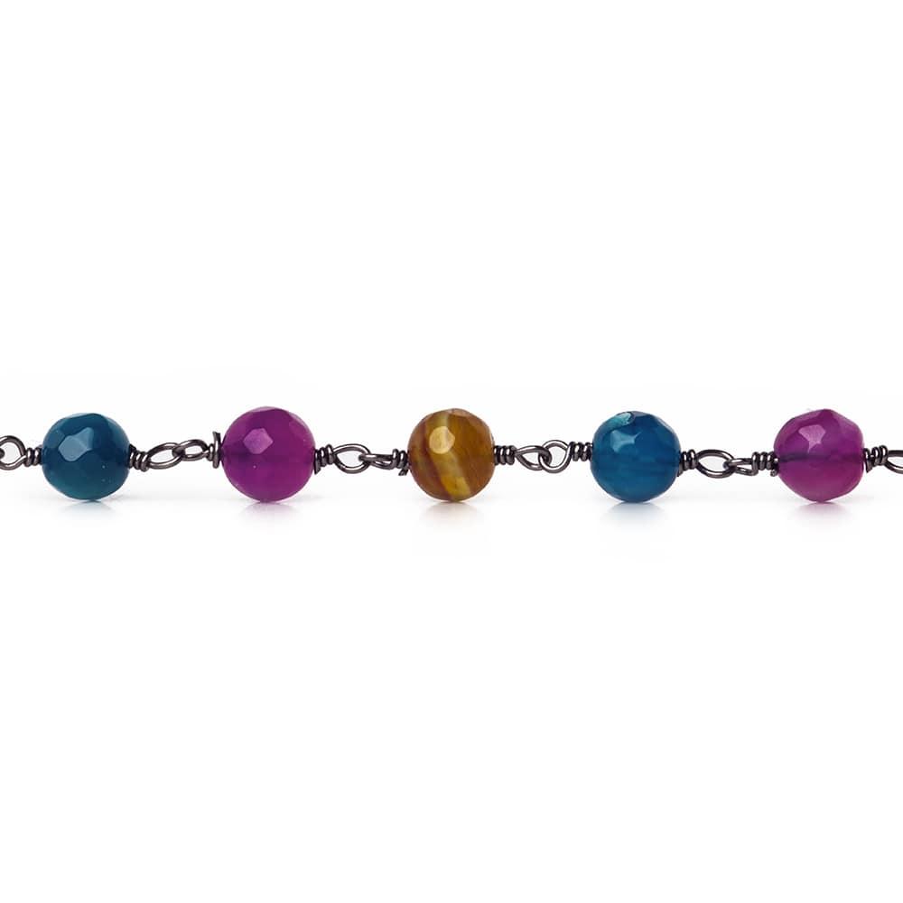 6mm Multi Color Agate faceted round Black Gold Chain by the foot 26 beads - The Bead Traders