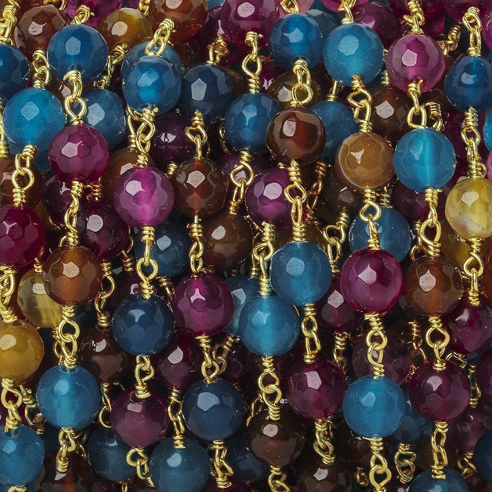 6mm Multi Color Agate faceted round Gold Chain by the foot 26 beads - The Bead Traders