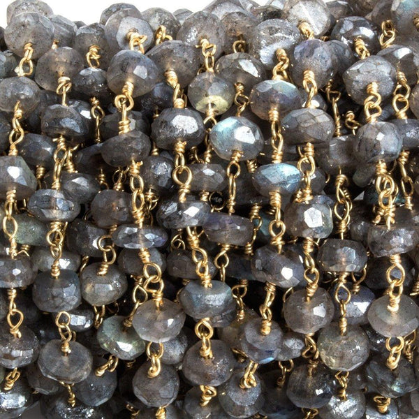 8mm Mystic Labradorite faceted rondelle Gold Chain by the foot 20 pcs