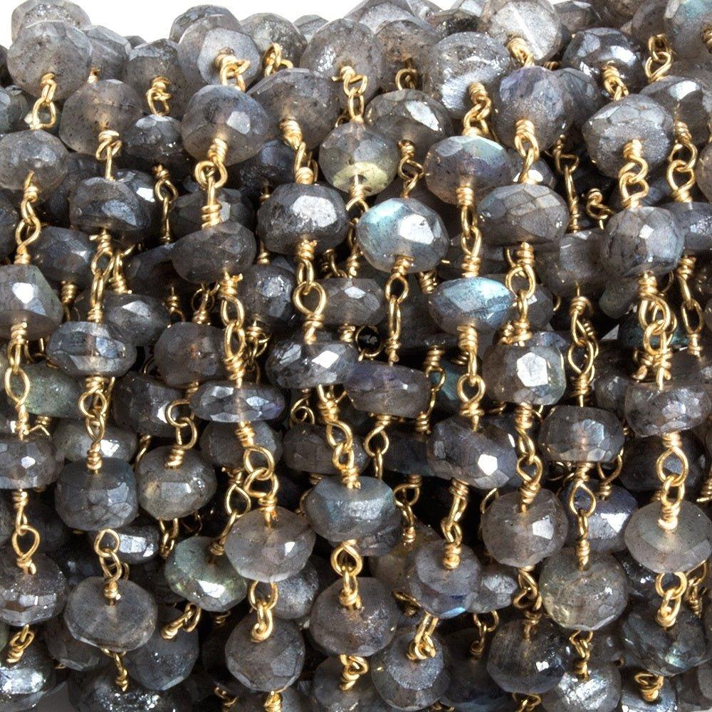 6mm Mystic Labradorite faceted rondelle Gold Chain by the foot 35 pcs - The Bead Traders