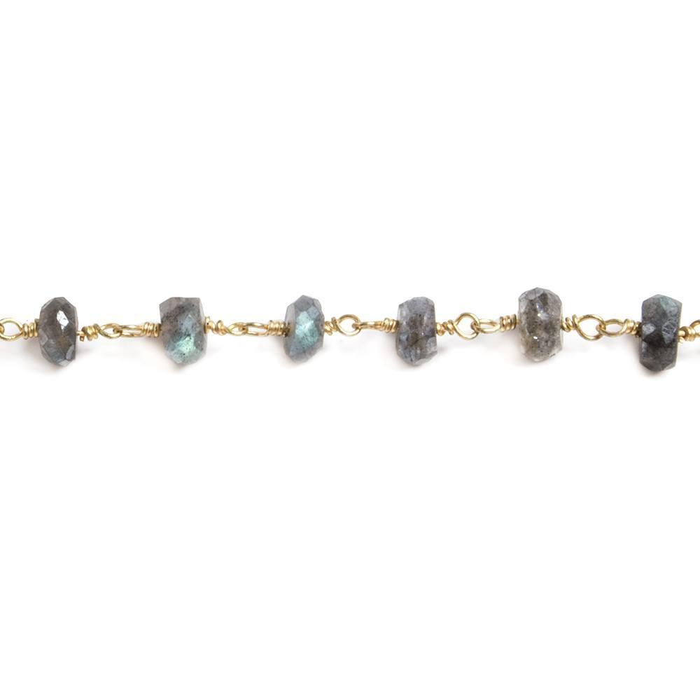 6mm Mystic Labradorite faceted rondelle Gold Chain by the foot 35 pcs - The Bead Traders