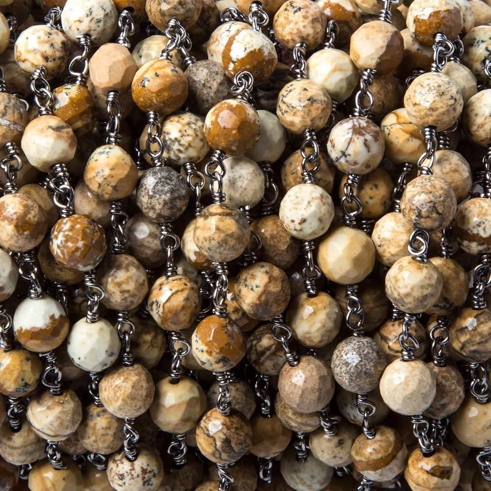 6mm Picture Jasper faceted round Black Gold Chain by the foot 28 pieces - The Bead Traders