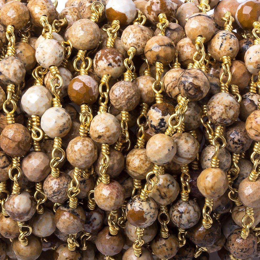 6mm Picture Jasper faceted round Gold Chain by the foot 23 pieces - The Bead Traders