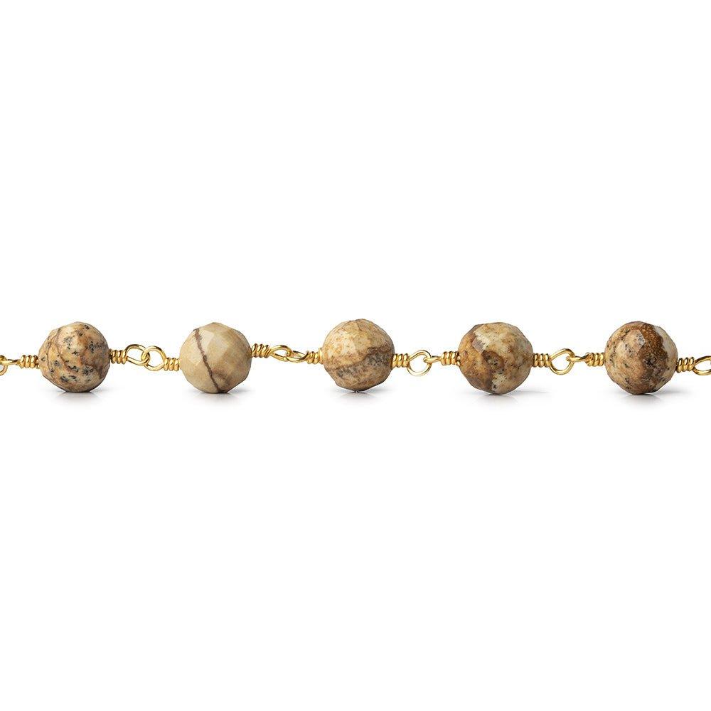 6mm Picture Jasper faceted round Gold Chain by the foot 28 pieces - The Bead Traders