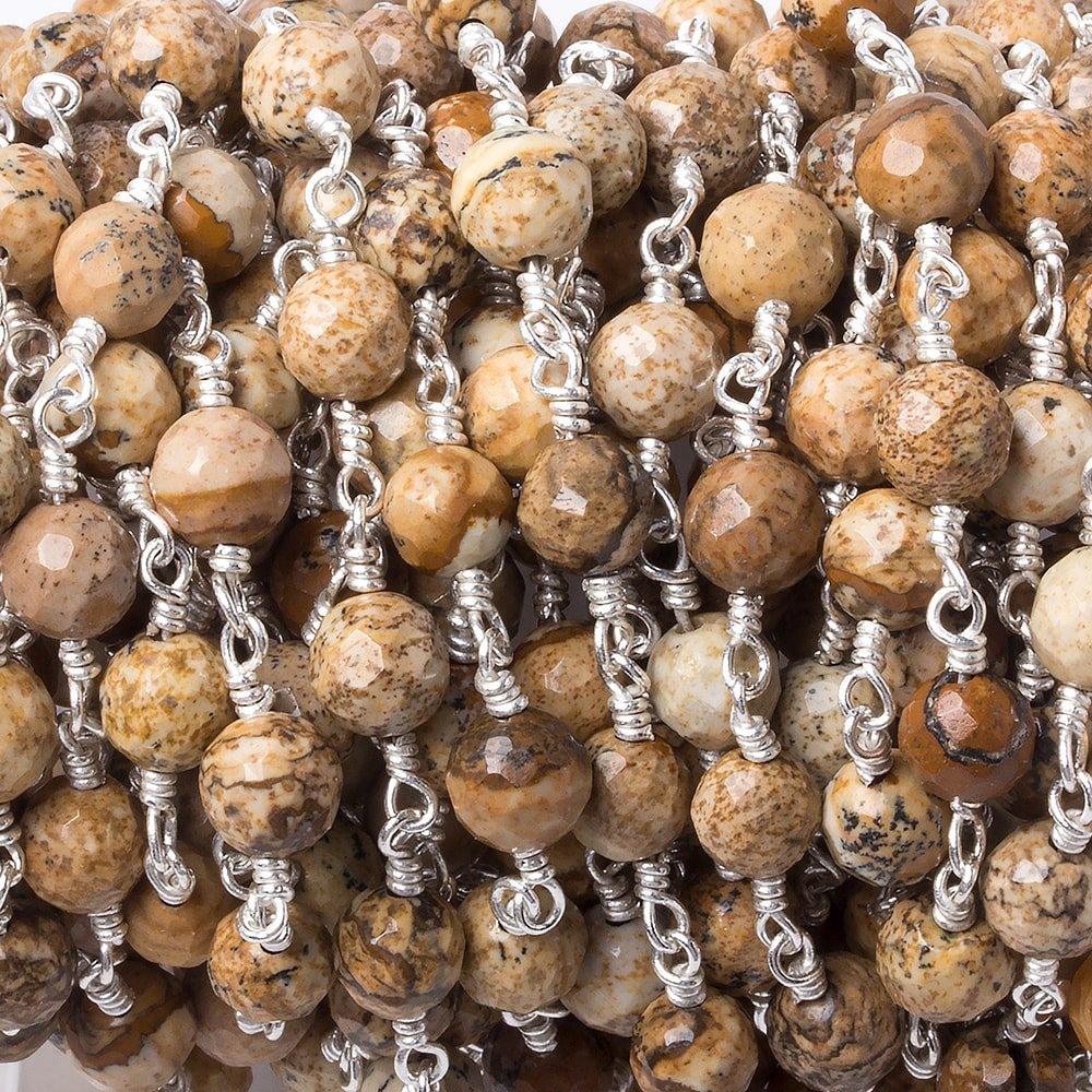 6mm Picture Jasper faceted round Silver Chain by the foot 23 pieces - The Bead Traders