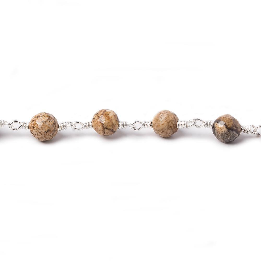 6mm Picture Jasper faceted round Silver Chain by the foot 23 pieces - The Bead Traders