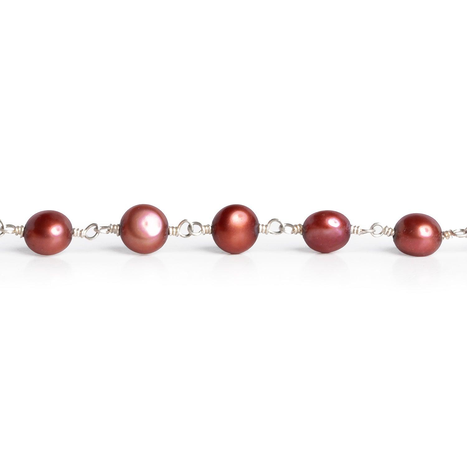 6mm Red Button Pearl Silver Chain 25 beads - The Bead Traders