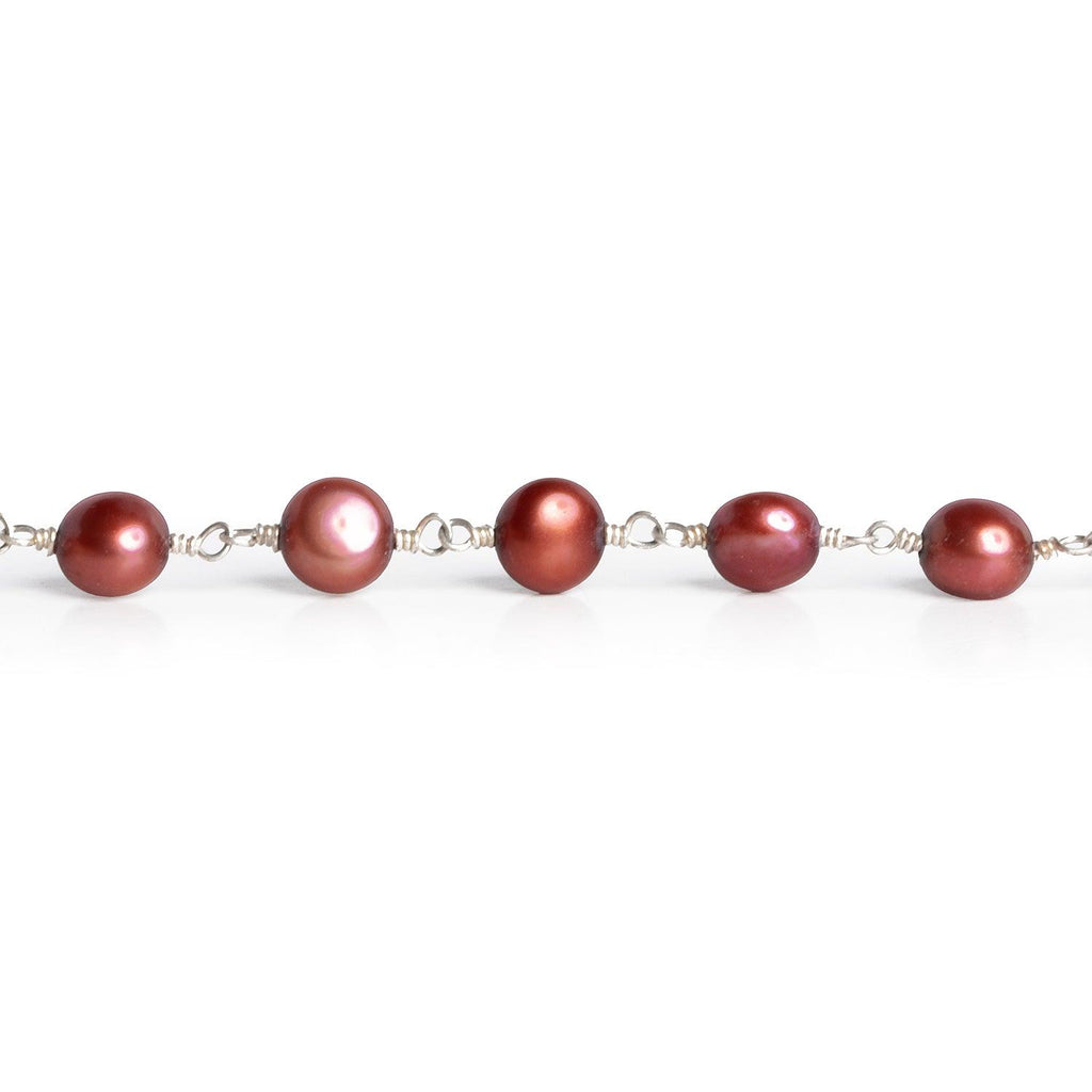6mm Red Button Pearl Silver Chain 25 beads - The Bead Traders