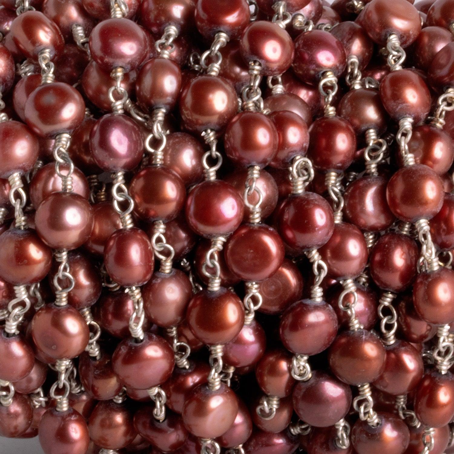 6mm Red Button Pearl Silver Chain 25 beads - The Bead Traders