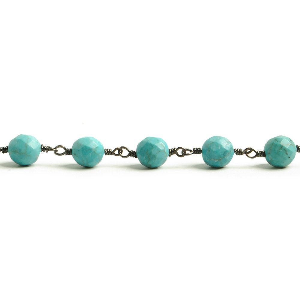 6mm Turquoise Magnesite faceted round Black Gold plated Chain by the foot with 25 pcs - The Bead Traders