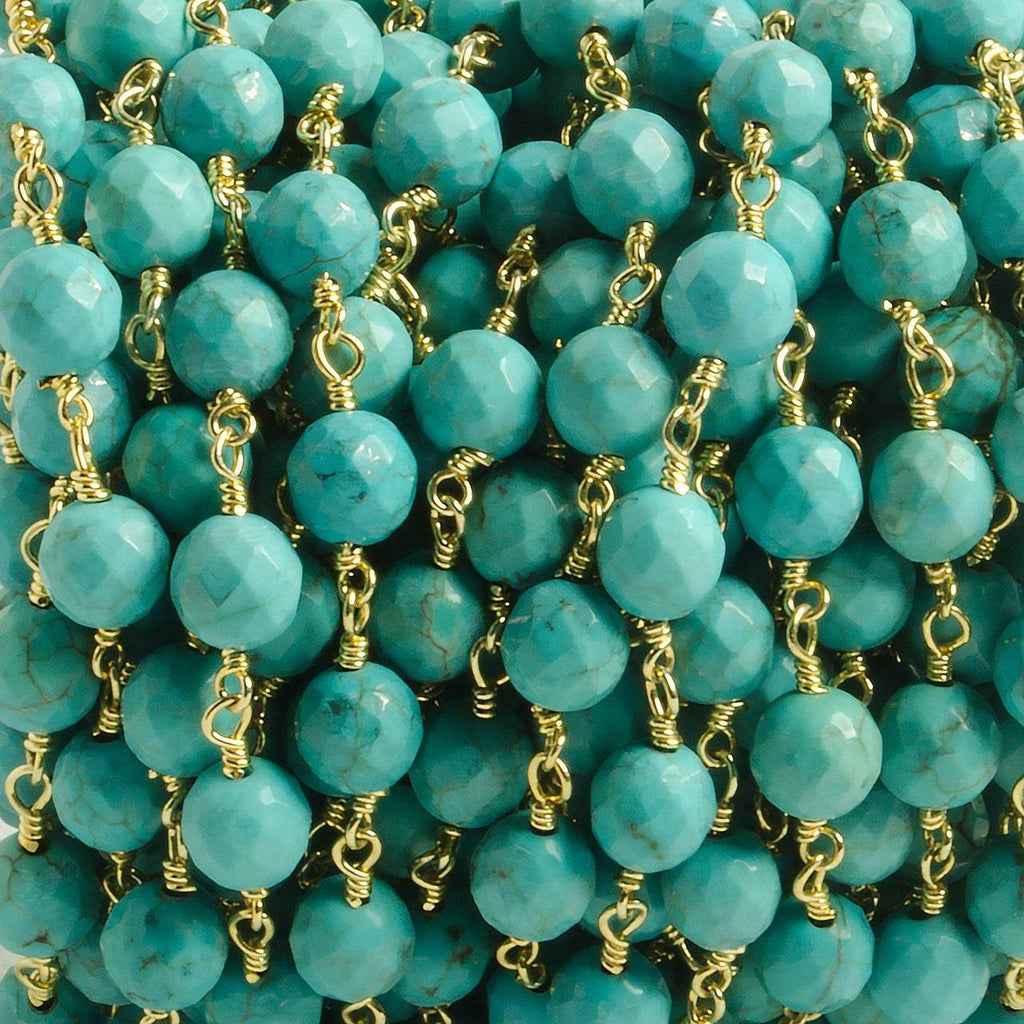 6mm Turquoise Magnesite faceted round Gold plated Chain by the foot with 25 pcs - The Bead Traders