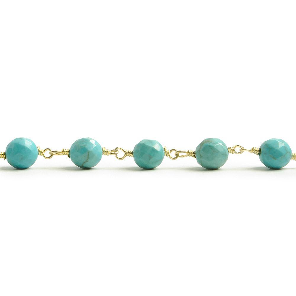 6mm Turquoise Magnesite faceted round Gold plated Chain by the foot with 25 pcs - The Bead Traders