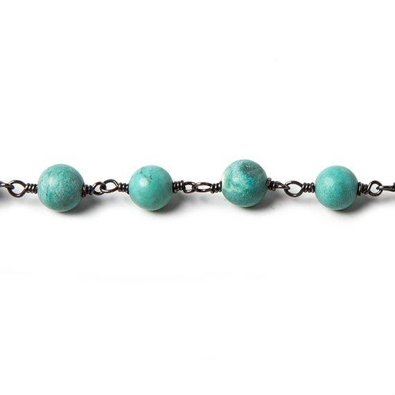 6mm Turquoise Magnesite round Black Gold Rosary Chain by the foot 25 beads - The Bead Traders