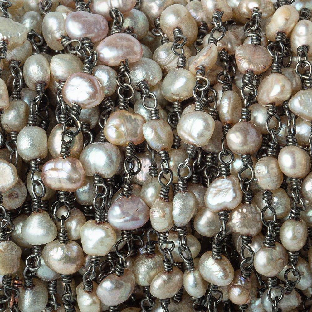 6x4mm Champagne Brown Baroque Freshwater Pearl Black Gold plated Chain by the foot 29 pieces - The Bead Traders