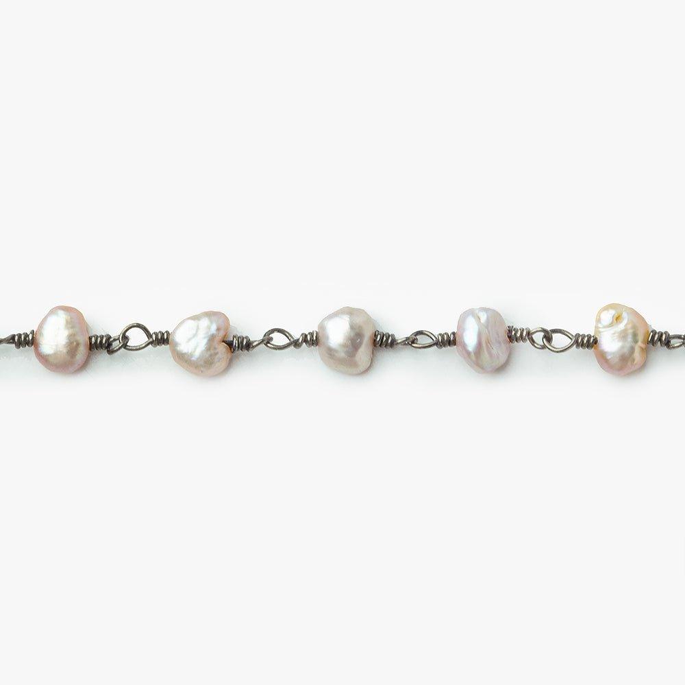 6x4mm Champagne Brown Baroque Freshwater Pearl Black Gold plated Chain by the foot 29 pieces - The Bead Traders