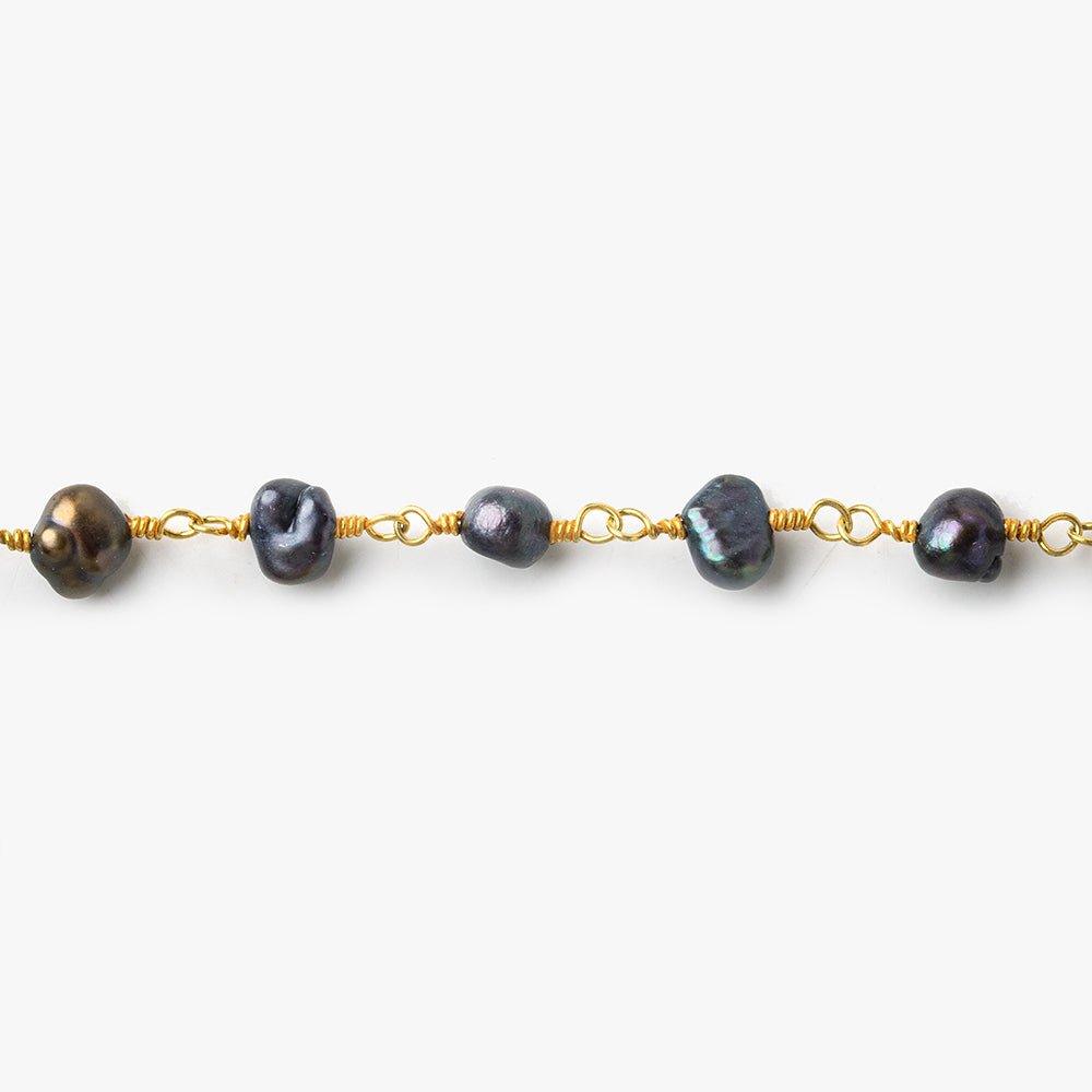 6x4mm Peacock Baroque Freshwater Pearl Gold plated Chain by the foot 28 pieces - The Bead Traders