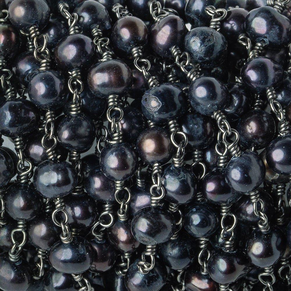 6x5mm Black Blue Baroque Freshwater Pearl Black Gold plated Chain by the foot 28 pieces - The Bead Traders