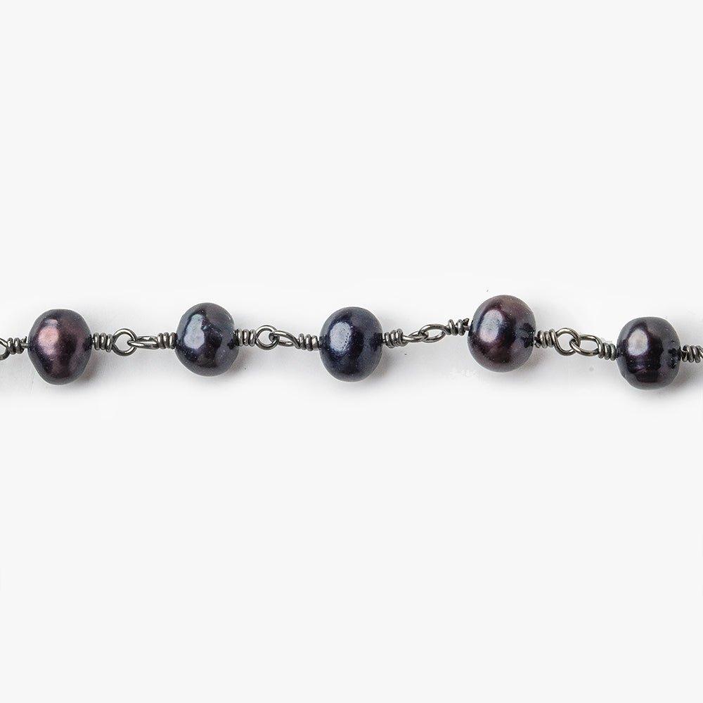 6x5mm Black Blue Baroque Freshwater Pearl Black Gold plated Chain by the foot 28 pieces - The Bead Traders