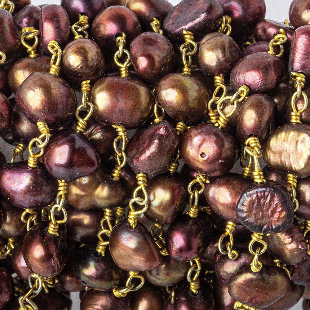 6x5mm Brown Baroque Freshwater Pearl Gold plated Chain by the foot 27 pieces - The Bead Traders