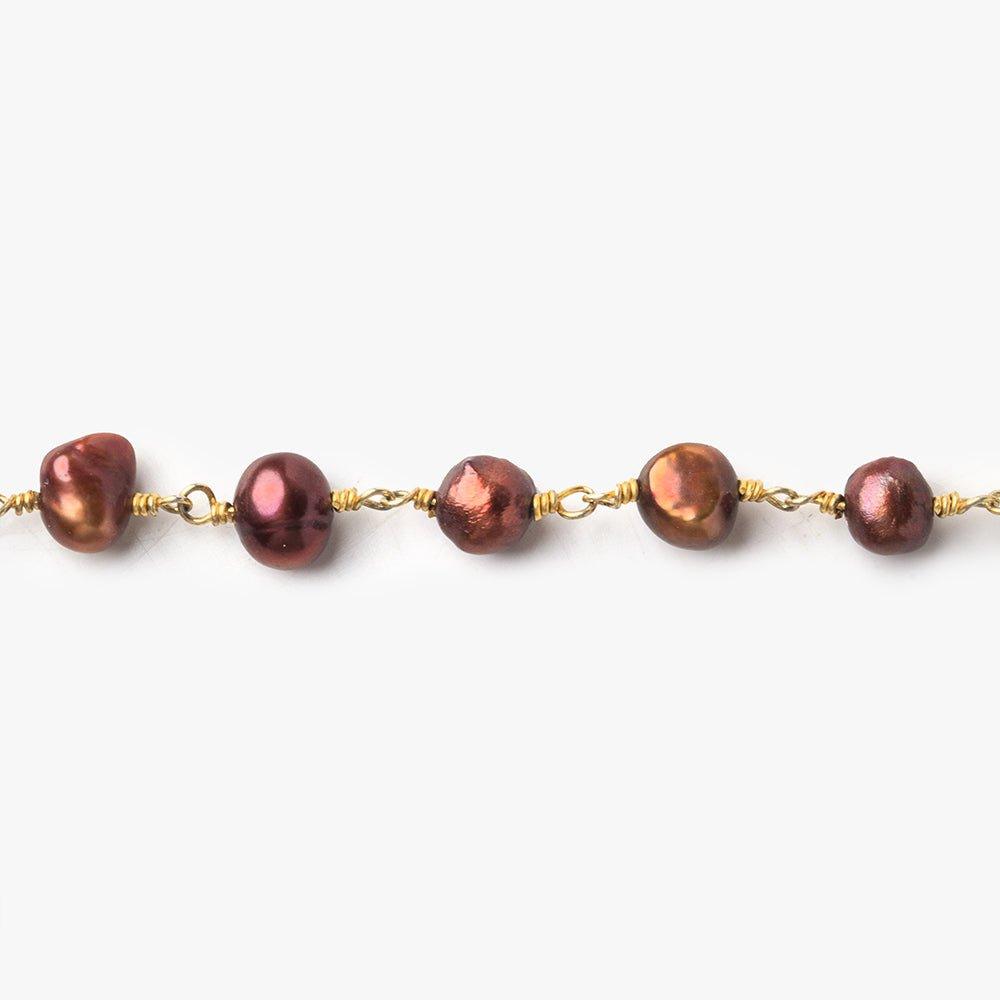 6x5mm Brown Baroque Freshwater Pearl Gold plated Chain by the foot 27 pieces - The Bead Traders
