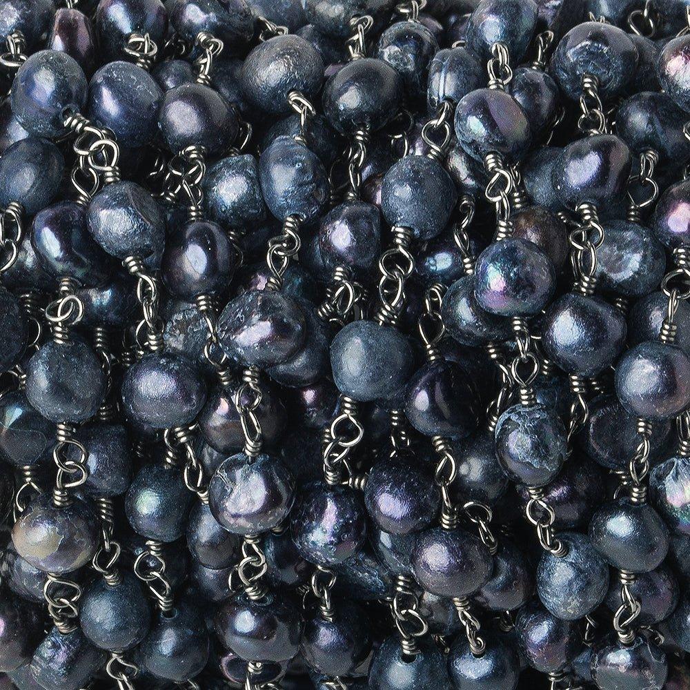 6x5mm Matte Blue Baroque Freshwater Pearl Black Gold plated Chain by the foot 28 pieces - The Bead Traders