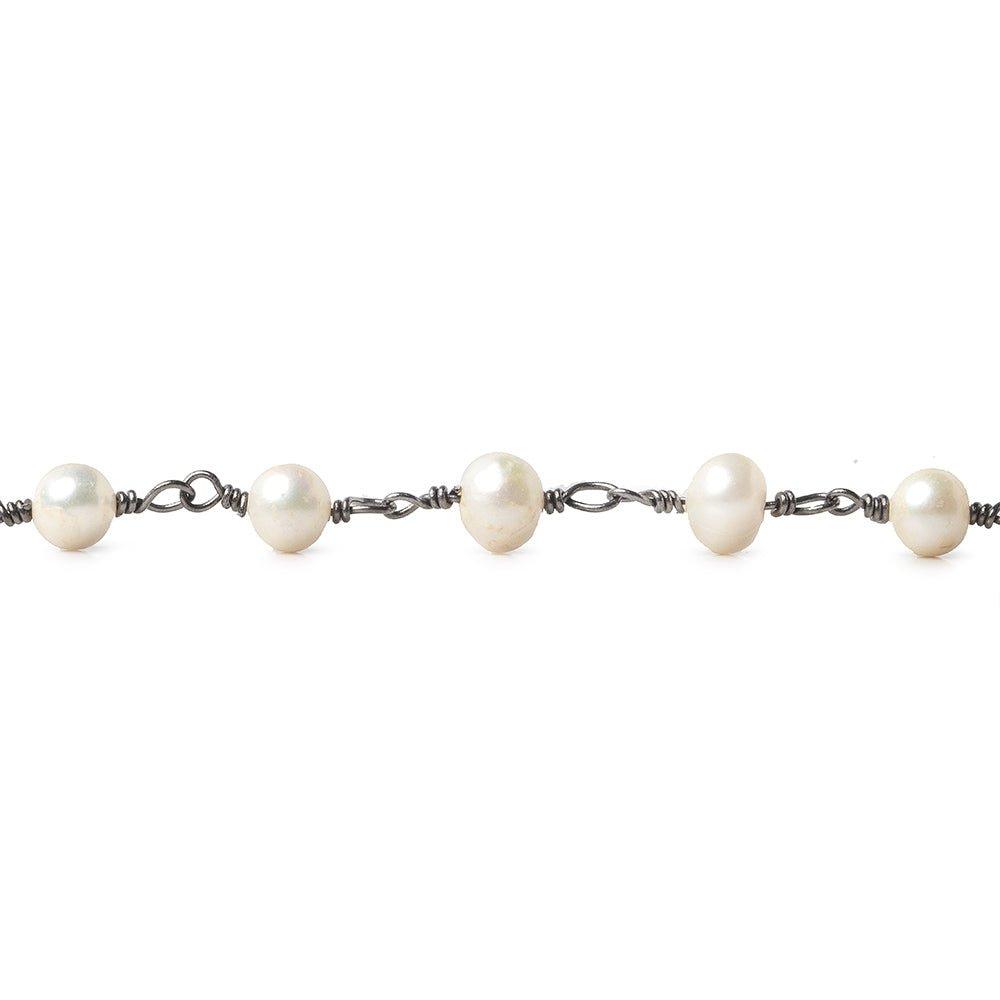 6x5mm Off White Off Round Freshwater Pearl Black Gold plated Chain by the foot 27 pieces - The Bead Traders