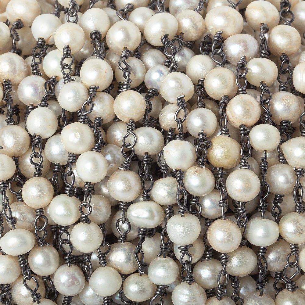 6x5mm Off White Off Round Freshwater Pearl Black Gold plated Chain by the foot 27 pieces - The Bead Traders