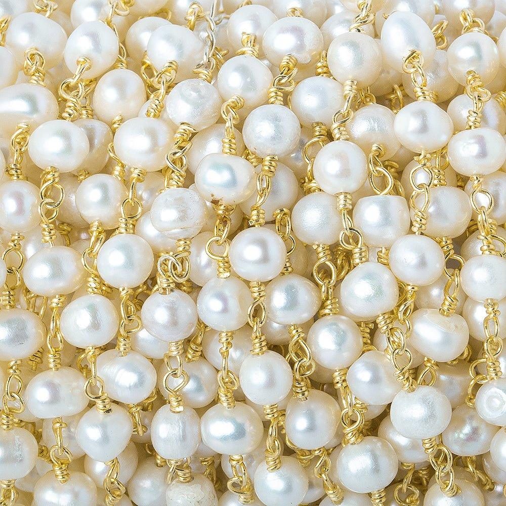 6x5mm Off White Off Round Freshwater Pearl Gold plated Chain by the foot 27 pieces - The Bead Traders