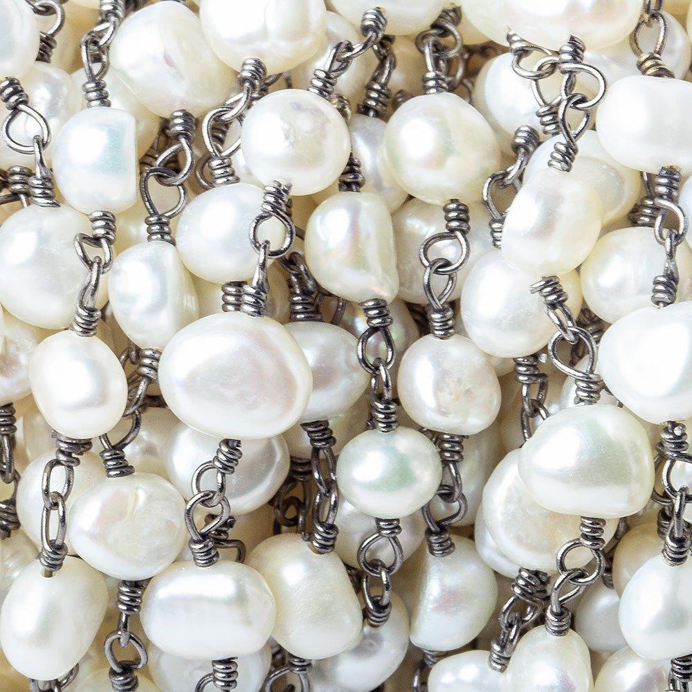 6x6-8x6mm Off White Baroque Pearl Black Gold plated Chain by the foot 23 pieces - The Bead Traders