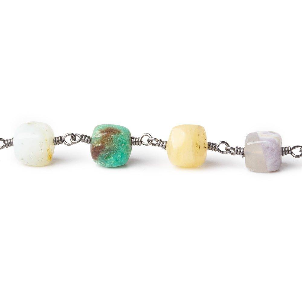 6x6-9x9mm Peruvian Opal, Dendritic Opal, & Chrysoprase plain cube Black Gold plated Chain by the foot 22 pieces - The Bead Traders