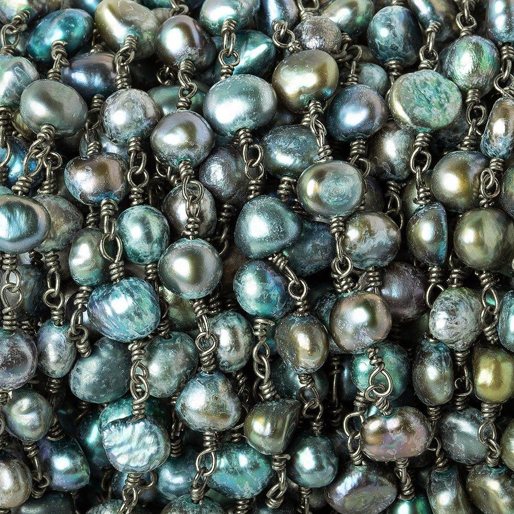 6x6mm Blue Green Peacock Baroque Pearl Black Gold plated Chain by the foot 25 pieces - The Bead Traders