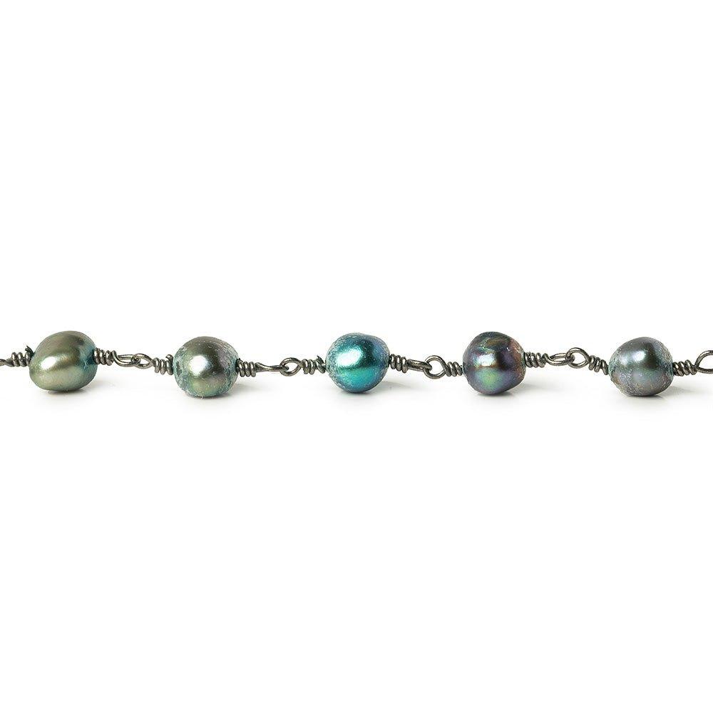 6x6mm Blue Green Peacock Baroque Pearl Black Gold plated Chain by the foot 25 pieces - The Bead Traders